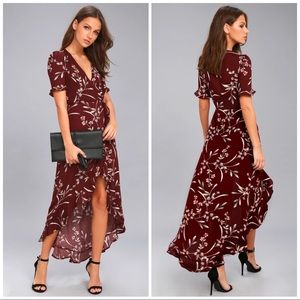 Lulu’s Burgundy Floral Print High-Low Wrap Dress